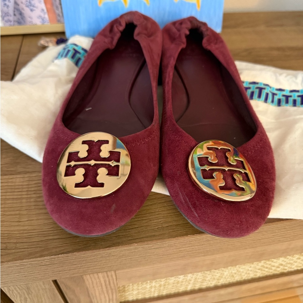Tory Burch Maroon Suede Flats with Logo